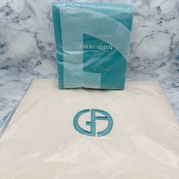 Giorgio Armani Beach Towel &Tote Set,Green Cotton Towel with Cream Bag,Boxed,NEW - Picture 2 of 15